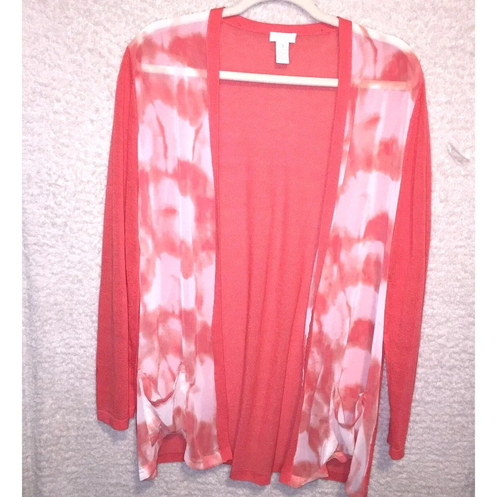 CHICO'S Coral/orange Chiffon Light weight knit Open-Front Cardigan Top (3) XL